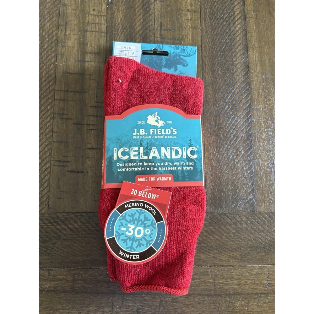 NWT J.B. Field's Icelandic‎ -30 Below Red Merino Wool Sock Med: M 4-8 W 5-9 Crew
